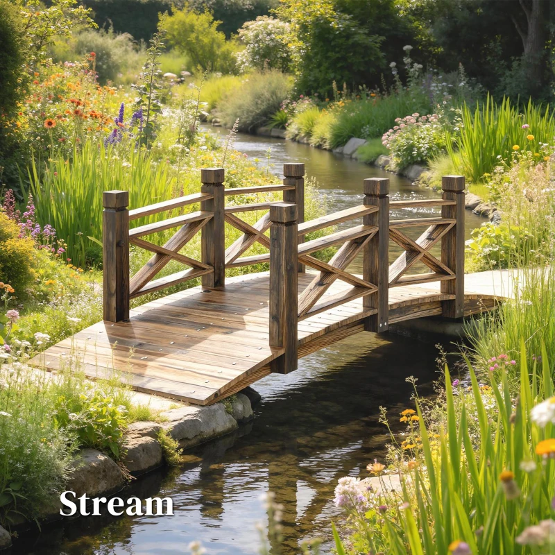 Outsunny Garden Bridge Wooden Arch Footbridge with Safety Rails Carbonized