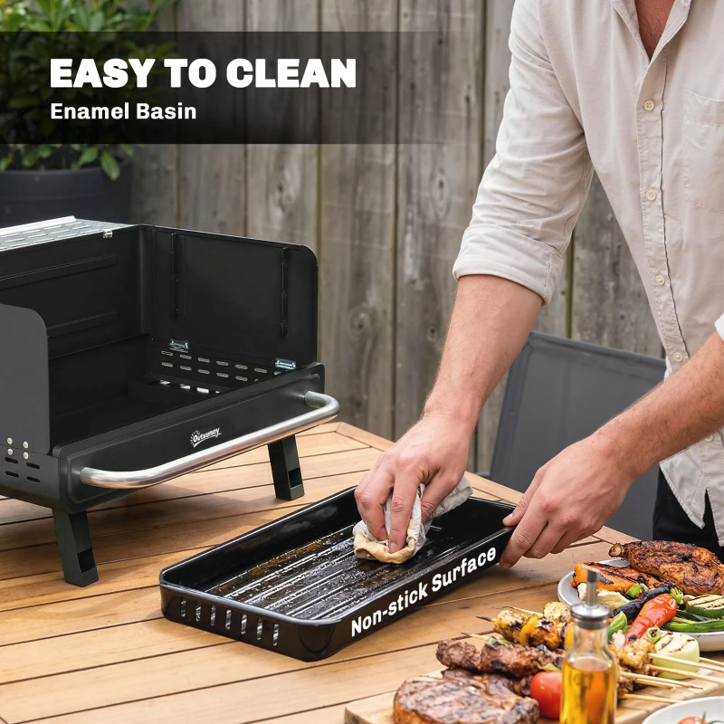 Outsunny Charcoal BBQ Grill, Portable Barbecue Grill with Adjustable Grates, Foldable Legs, Side Shelf for Camping Travel, Black
