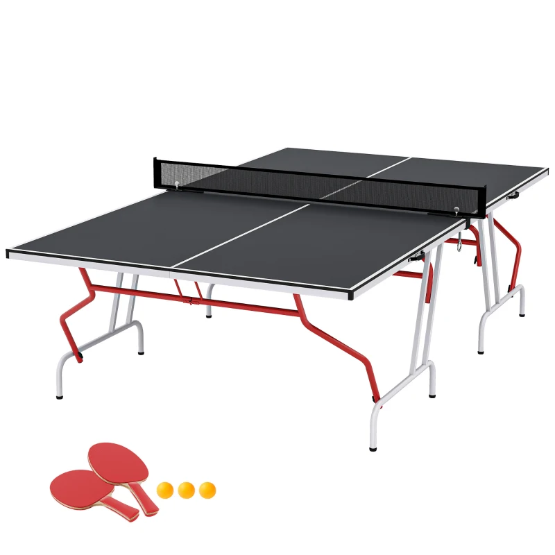 Soozier 9' x 5' Full Size Table Tennis Table, Folding Ping Pong Table with Paddles and Balls, Dark Grey
