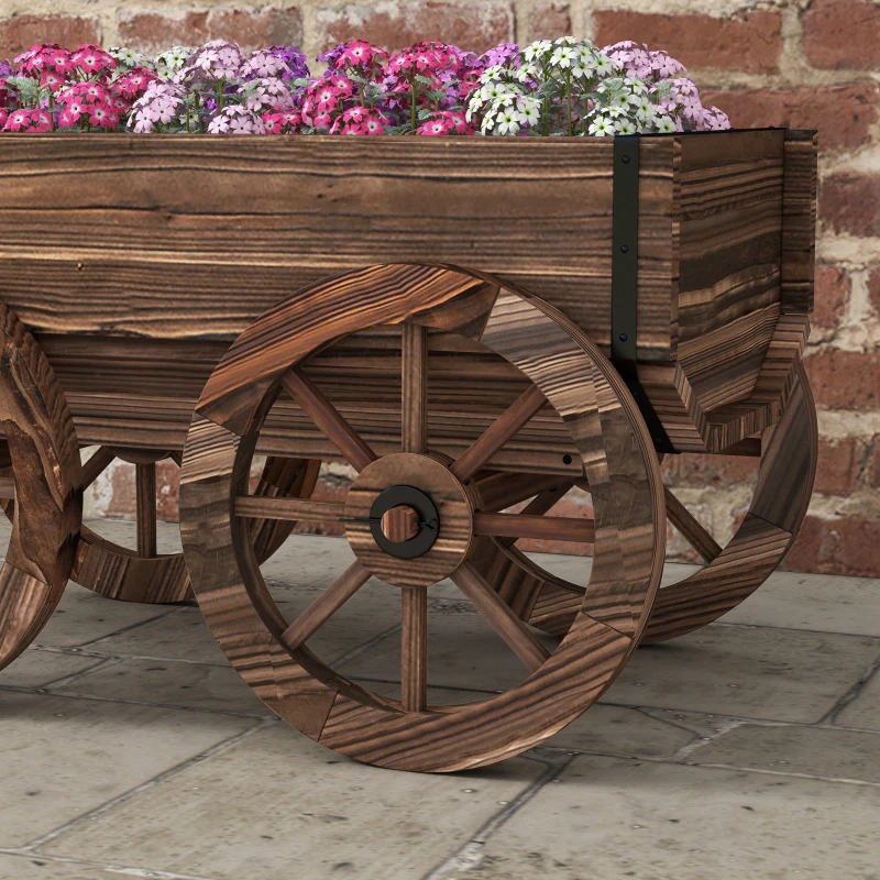 Outsunny Raised Garden Bed, Wooden Wagon Planter Boxes with Drainage Holes, for Vegetables Flowers Herbs, Carbonized