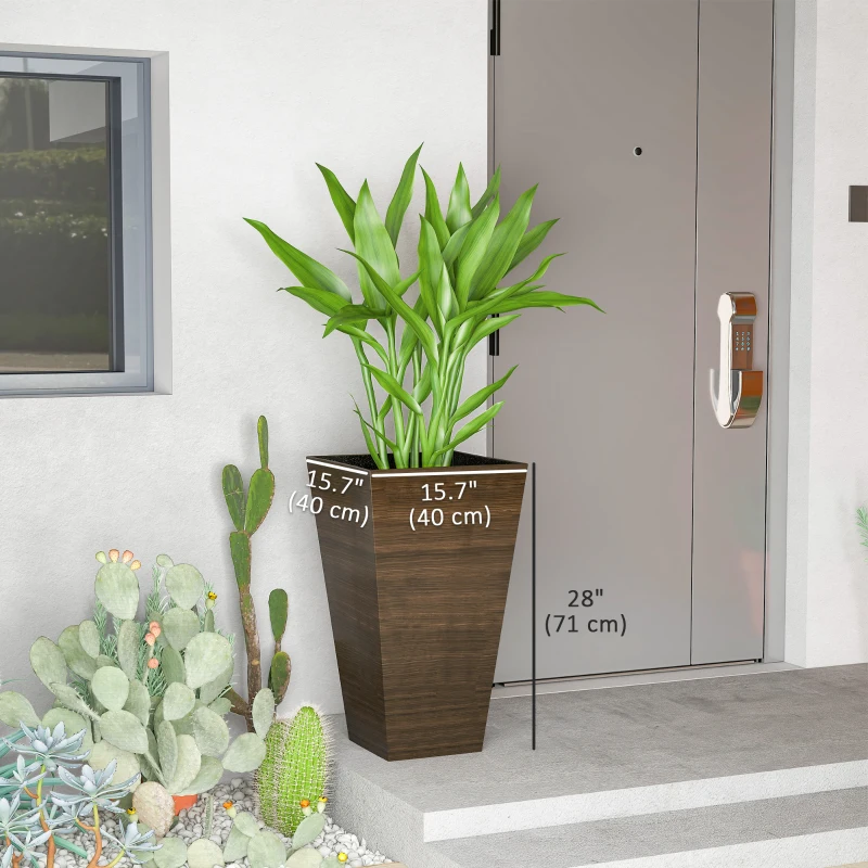 Outsunny Tall Planter for Outdoor Plants Set of 3, 28 Inch Taper Planter with Drainage Holes, Brown