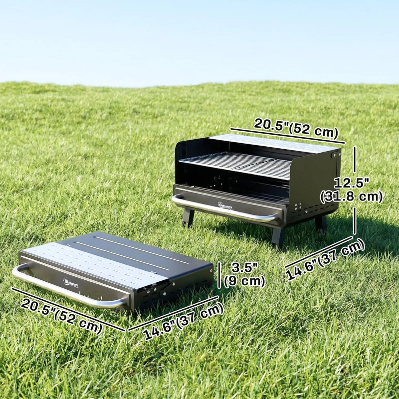 Outsunny Charcoal BBQ Grill, Portable Barbecue Grill with Adjustable Grates, Foldable Legs, Side Shelf for Camping Travel, Black