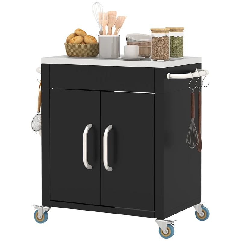 Outsunny Outdoor Grill Cart with Stainless Steel Top, Pizza Oven Table with Wheels Hooks Cabinet Handles,  Black