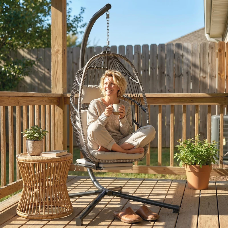 Outsunny Outdoor Hanging Egg Chair with Retractable Footrest Swing Chair with Metal Stand Light Grey