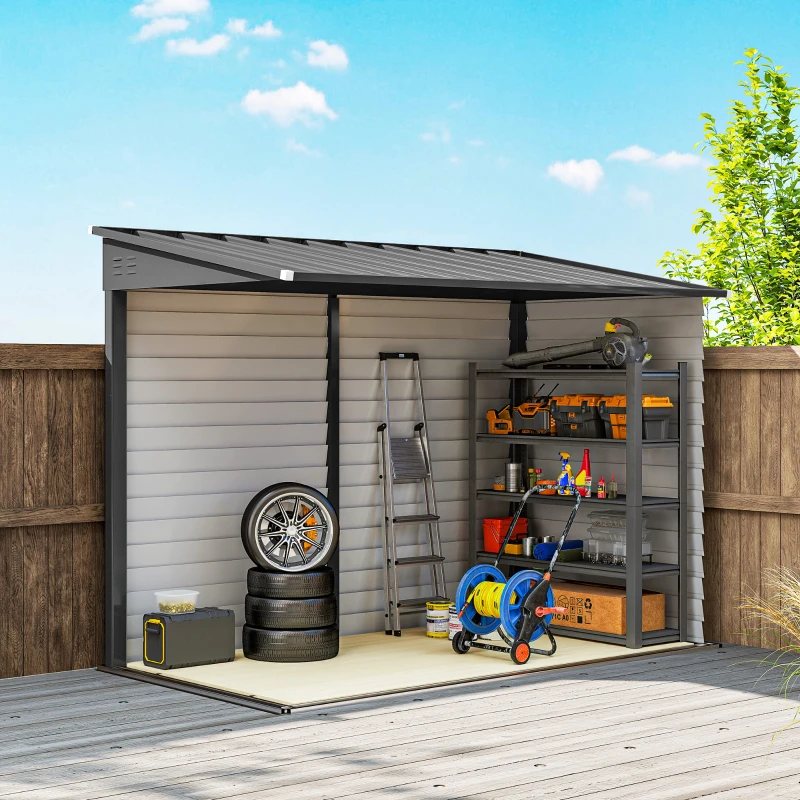 Outsunny 4.6' x 9' Steel Outdoor Storage Shed, Lean to Shed, Metal Tool House with Foundation Kit, Lockable Doors, Gloves and 2 Air Vents for Backyard, Patio, Lawn, Dark Grey