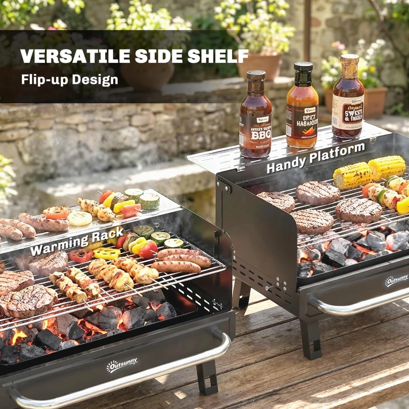 Outsunny Charcoal BBQ Grill, Portable Barbecue Grill with Adjustable Grates, Foldable Legs, Side Shelf for Camping Travel, Black