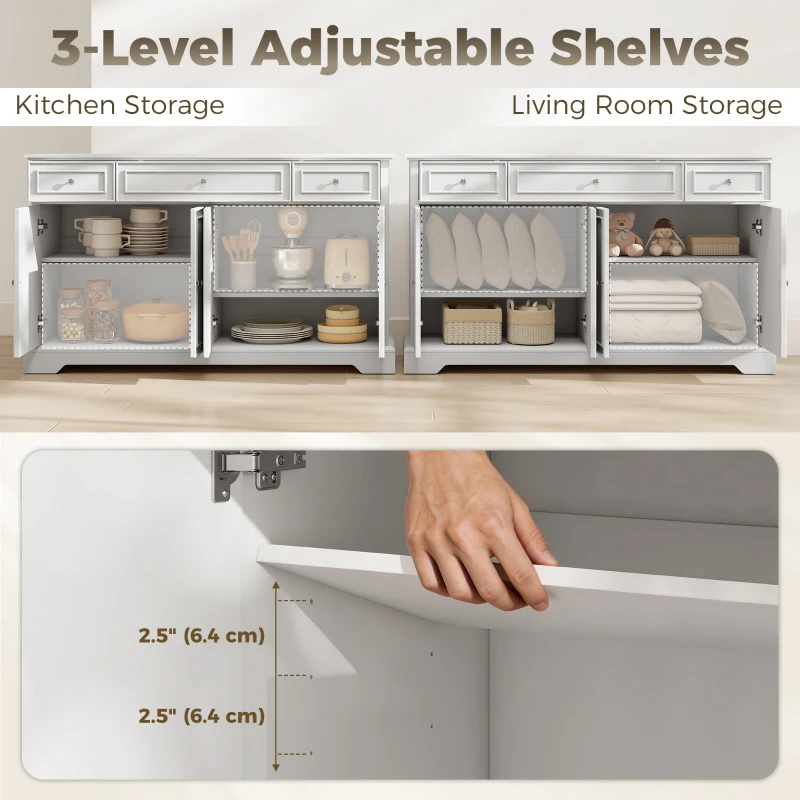 HOMCOM Sideboard Buffet Cabinet, 54" Kitchen Storage Cabinet with Soft-Close Doors, 3 Drawers and 2 Adjustable Shelves, White