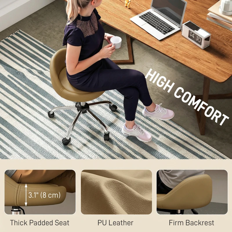 HOMCOM Salon Stool, Adjustable Rolling Stool, Light Brown