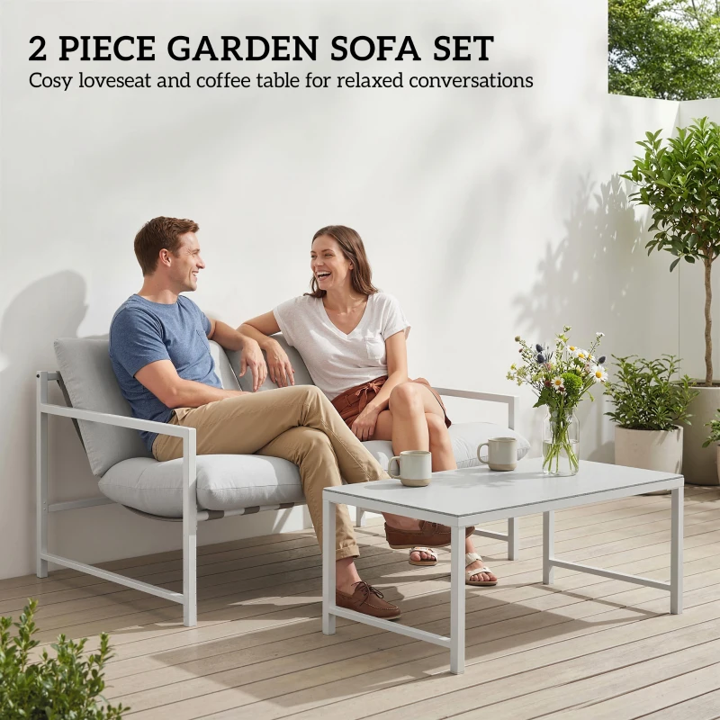 Outsunny 2 Piece Patio Furniture Set, Outdoor Loveseat Sofa Set with Thick Cushions and Coffee Table for Porch Garden, Light Grey
