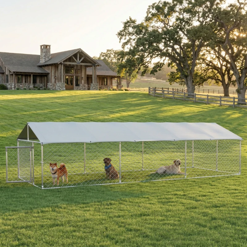 PawHut 19.7' x 7.5' x 4.9' Outdoor Dog Kennel for Large-Sized Dogs with Waterproof UV Resistant Roof, Silver(m-2)