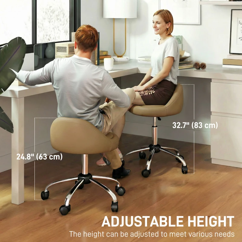 HOMCOM Salon Stool, Adjustable Rolling Stool, Light Brown