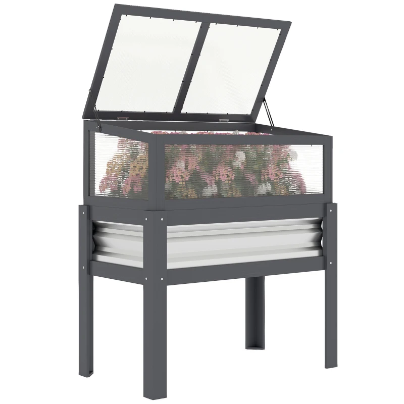 Outsunny Raised Garden Bed with Flip-Up Greenhouse Top, Wooden Elevated Planter Box with Legs and Liner, Grey