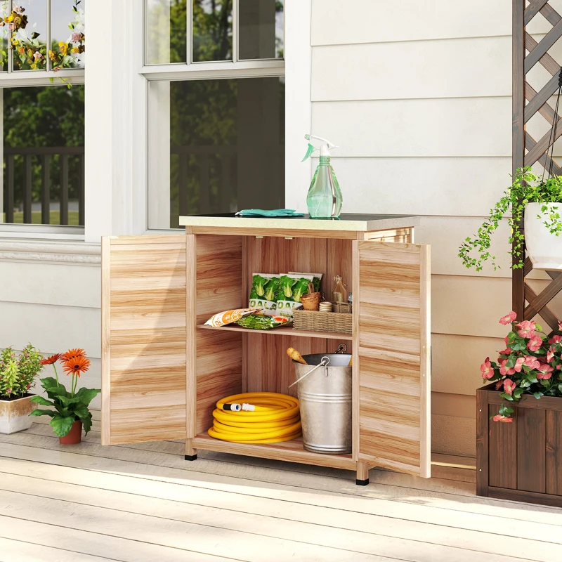 Outsunny Garden Storage Cabinet, Outdoor Potting Bench Table with Metal Tabletop, Shelf and Double Doors, Natural