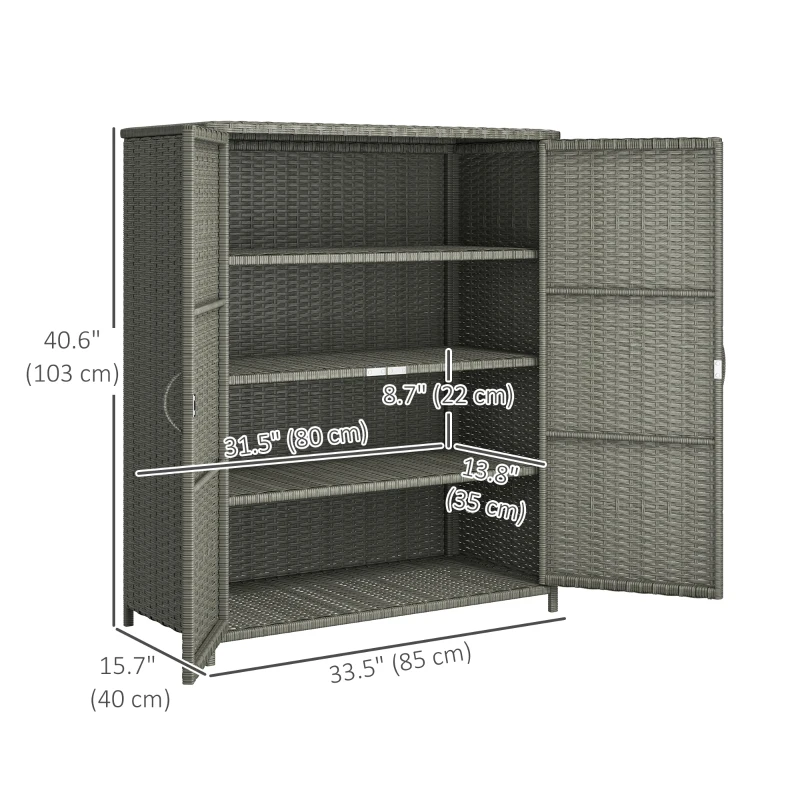 Outsunny Wicker Outdoor Storage Cabinet, Pool Storage Organizer with 4 Shelves and 2 Doors for Garden, Backyard, Dark Grey