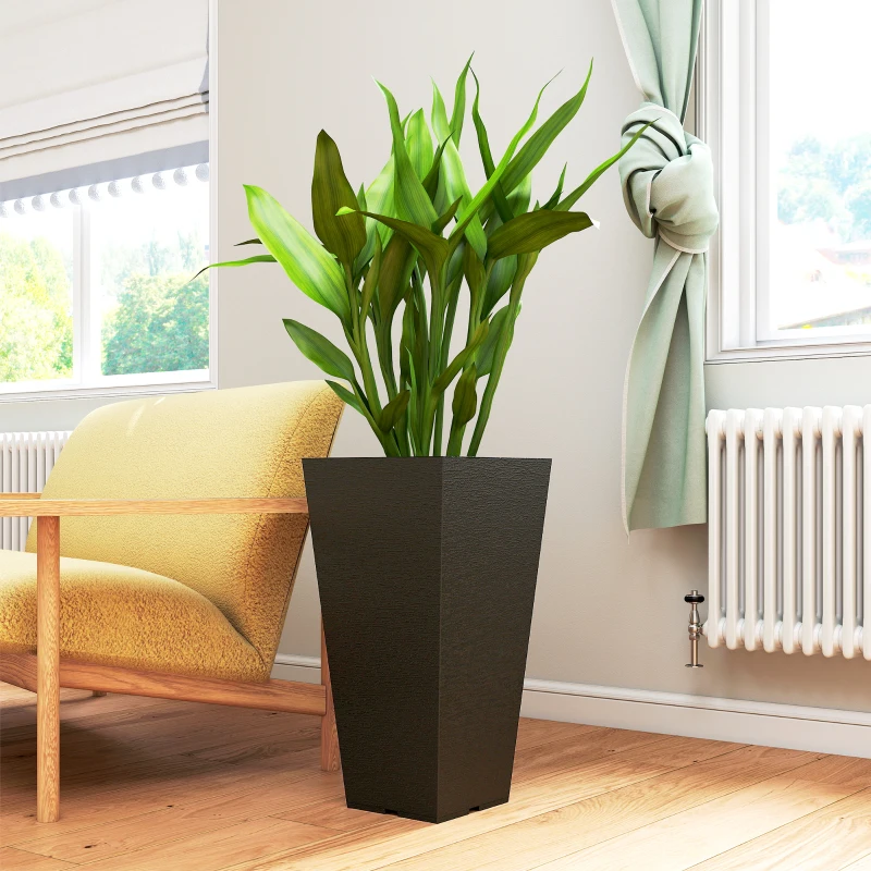 Outsunny 23" Tall Planters Set of 2, Indoor Outdoor Stackable Taper Planters with Marble Finish and Drainage Holes, Black