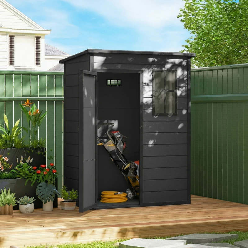 Outsunny 5 x 3FT Garden Shed with Floor, Outdoor Storage Shed with Lockable Door, Window and Vent for Backyard, Patio, Dark Grey
