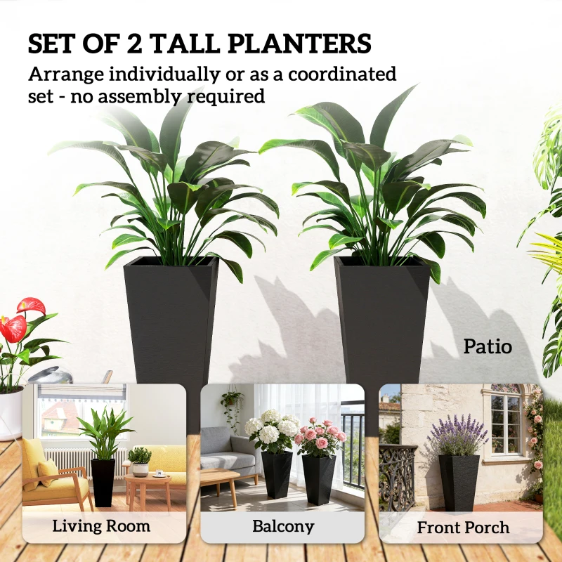 Outsunny 23" Tall Planters Set of 2, Indoor Outdoor Stackable Taper Planters with Marble Finish and Drainage Holes, Black