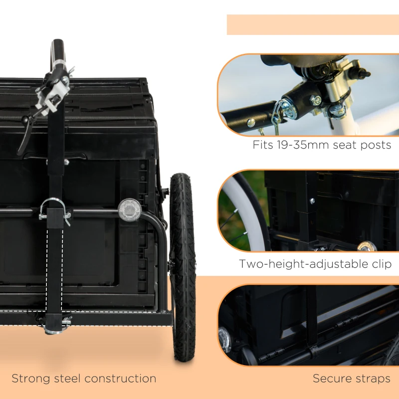 Aosom Steel Trailer for Bike, Bicycle Cargo Trailer with Foldable Storage Box and Safe Reflectors, Max Load 88LBS, Black