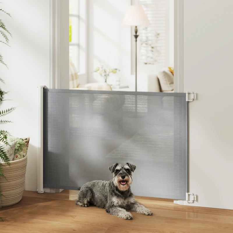 PawHut Retractable Pet Safety Barrier Gate, Flexible and Extensible for Stairways Doorways Hallways, Grey