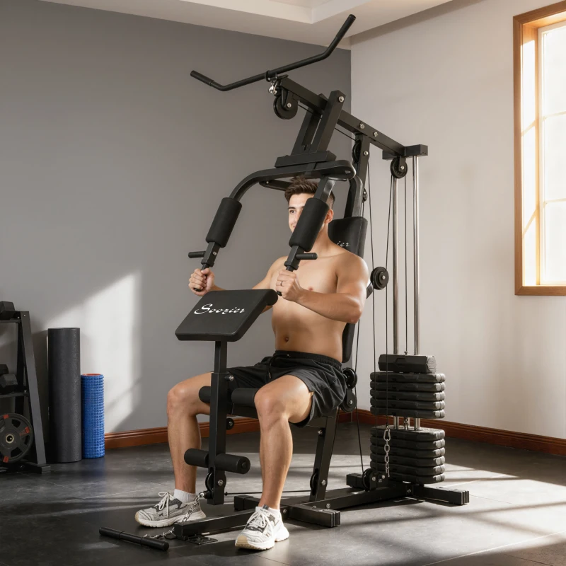 Soozier Home Gym Equipment Weight Training Machine, Multifunction Workout Machine with 143lbs Weight Stack for Full Body Workout and Strength Training, Black