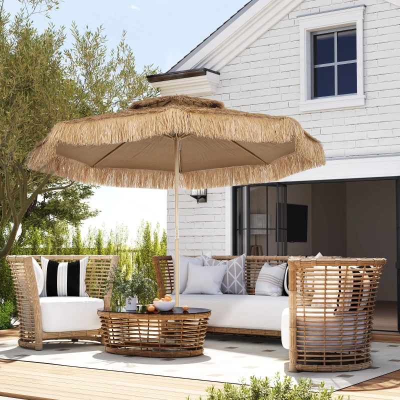 Outsunny 10 ft. Hula Thatched Tiki Patio Outdoor Umbrella with 8 Ribs, UPF30+, for Garden, Backyard, Deck, Pool, Natural