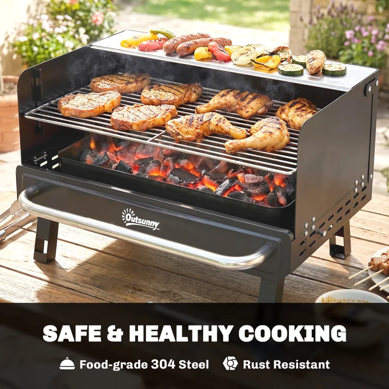 Outsunny Charcoal BBQ Grill, Portable Barbecue Grill with Adjustable Grates, Foldable Legs, Side Shelf for Camping Travel, Black