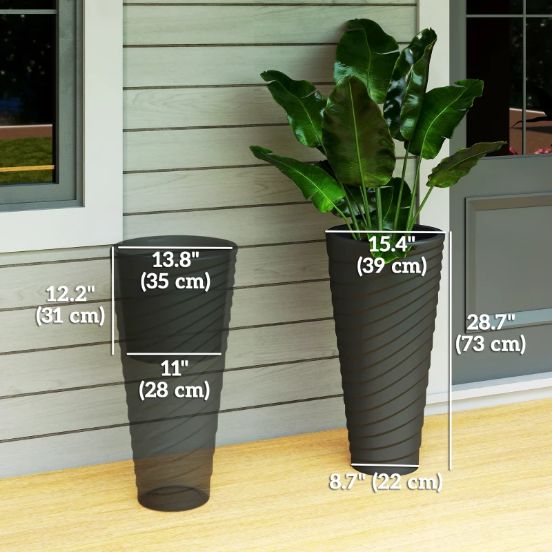Outsunny 29" Tall Planters Set of 2, Indoor Outdoor Stackable Taper Planters with Drainage Holes, Black