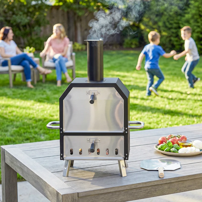 Outsunny Outdoor Pizza Oven with 12" Pizza Stone, Peel, Wood Fired 2-Layer Stainless Steel Pizza Maker