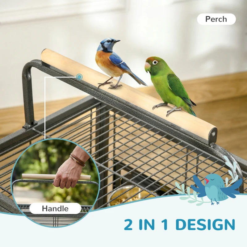 PawHut Bird Travel Carrier Cage, Portable Metal Bird Cage for Parrots Conures Cockatiel Parakeets with Stand Perch, Stainless Steel Bowls, Pull Out Tray, 19" x 15" x 26", Black