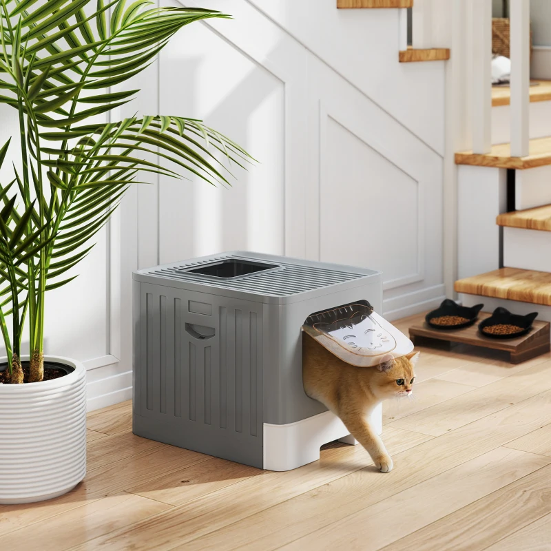 PawHut Cat Litter Box with Lid, Slide-Out Drawer, Scoop, Easy Clean, Odour Control, Anti-Splashing, Grey