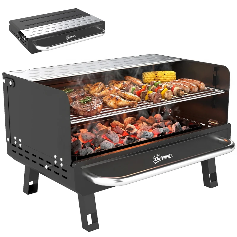 Outsunny Charcoal BBQ Grill, Portable Barbecue Grill with Adjustable Grates, Foldable Legs, Side Shelf for Camping Travel, Black