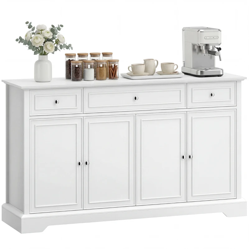 HOMCOM Sideboard Buffet Cabinet, 54" Kitchen Storage Cabinet with Soft-Close Doors, 3 Drawers and 2 Adjustable Shelves, White