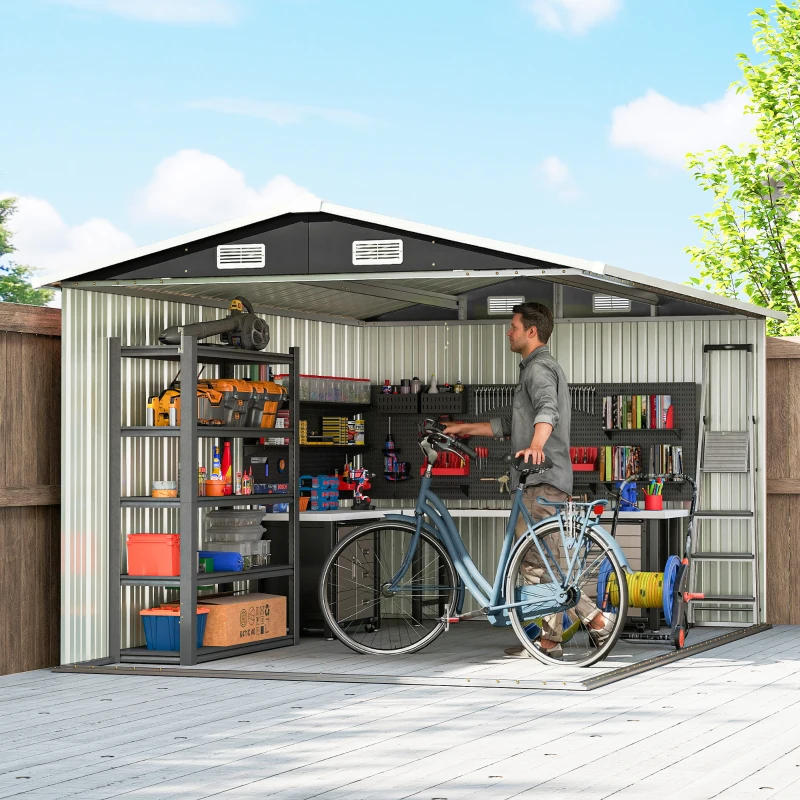 Outsunny 10' x 10' Metal Shed, Heavy Duty Outdoor Storage Shed with 4 Vents and Lockable Double Doors, Dark Grey