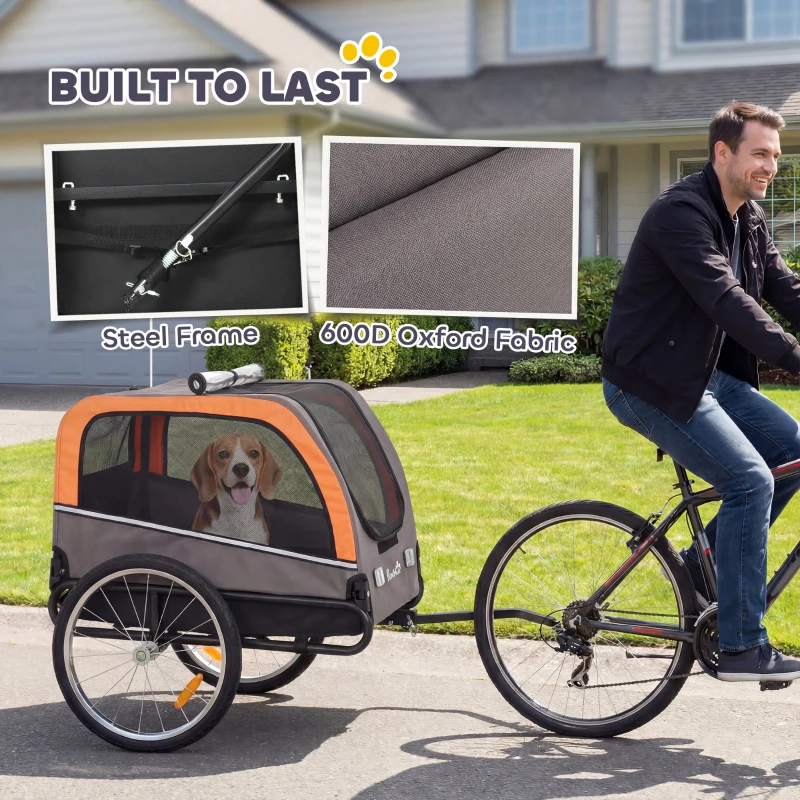 PawHut Dog Bike Trailer, Pet Cart Wagon Cart Carrier Attachment for Travel with 2 Doors, Large Wheels, Safety Flag