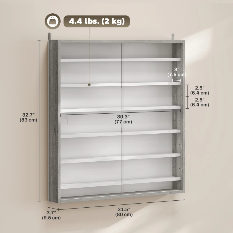 HOMCOM 7-Tier Display Cabinet, Shot Glass Display Case, Glass Curio Cabinet with 2 Glass Doors and 6 Adjustable Shelves, Grey