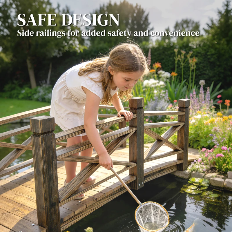 Outsunny Garden Bridge Wooden Arch Footbridge with Safety Rails Carbonized