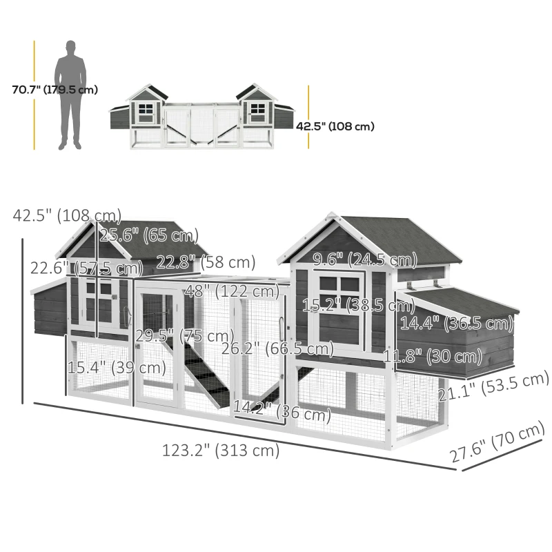 PawHut 123" Extra Large Chicken Coop Wooden Poultry House Rabbit Hutch Hen Backyard with Run Ramps and Nesting Boxes, Grey