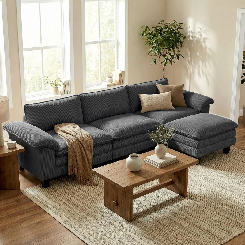 HOMCOM Sectional Sofa, L Shaped Sofa with Deep Seat, Movable Ottoman and Pillow-top Armrests, Dark Grey
