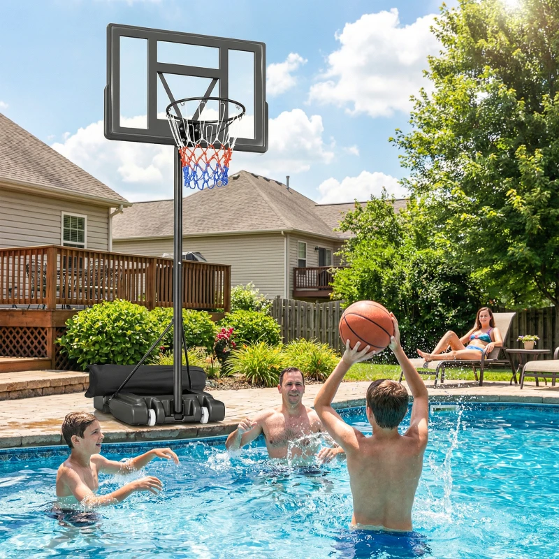 Soozier Basketball Hoop Stand Outdoor, 4.4–10 ft Single Hand Rotation Adjustable with Shatterproof Backboard & Weight Bag