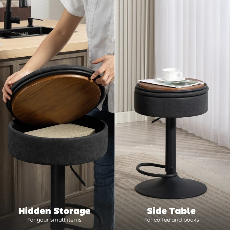 HOMCOM Set of 2 Barstools with Storage, Swivel Bar Stools with PU Leather Upholstered, Footrest, Steel Base, Black