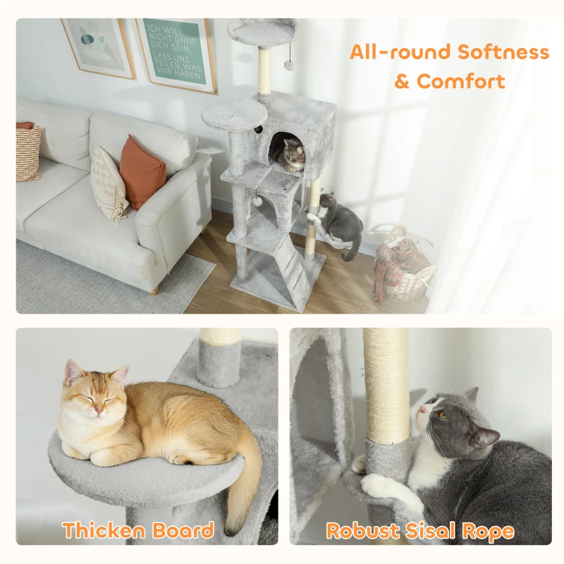 PawHut 63 Inch Cat Tree with Sisal Scratching Posts, Condos, Plush Perches, Hammock, Ladder, Dangling Balls, Light Grey