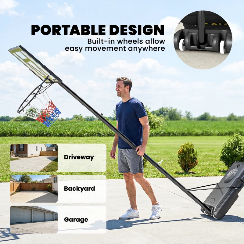 Soozier Basketball Hoop Stand Outdoor, 4.4–10 ft Single Hand Rotation Adjustable with Shatterproof Backboard & Weight Bag