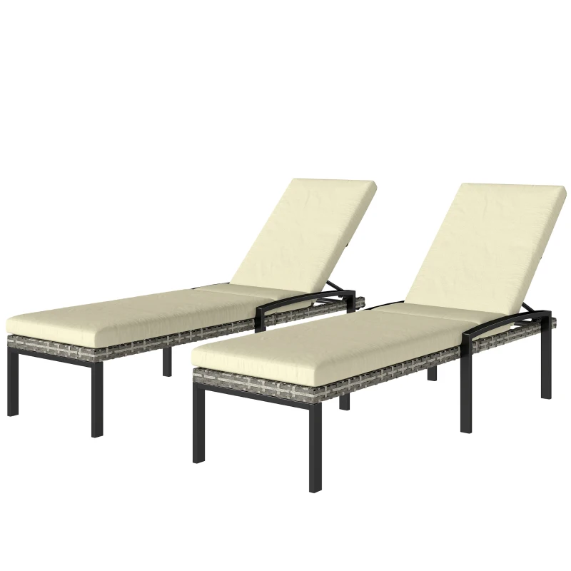 Outsunny Chaise Lounge Chairs Outdoor, Set of 2 Wicker Patio Lounge Chairs with 5-Level Adjustable Backrest, Cushion