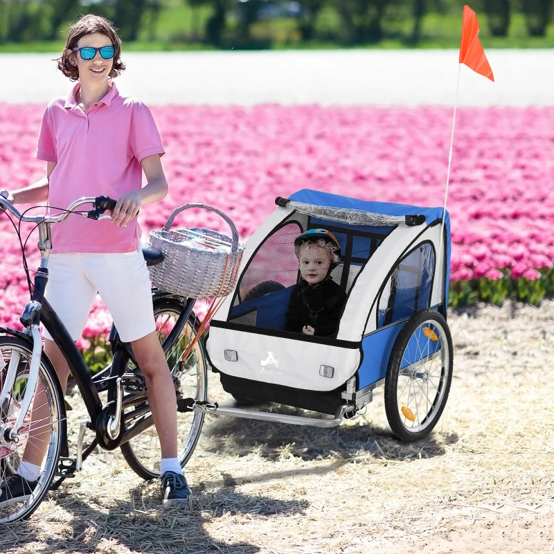 Aosom 2-Seat Child Bike Trailer for Kids with a Strong Steel Frame, 5-Point Safety Harnesses, & Comfortable Seat, Blue