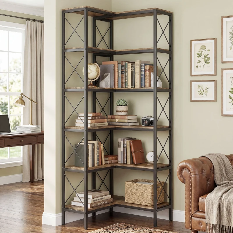 HOMCOM 5-Tier L-Shaped Bookshelf, Freestanding Bookcase with Metal Frame, Rustic Brown