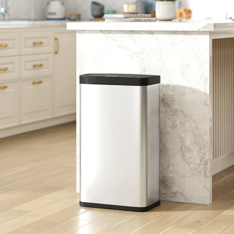 HOMCOM 12 Gallon Sensor Can, Automatic Garbage Can with Soft-Close Lid, Fingerprint-Proof Stainless Steel, Silver