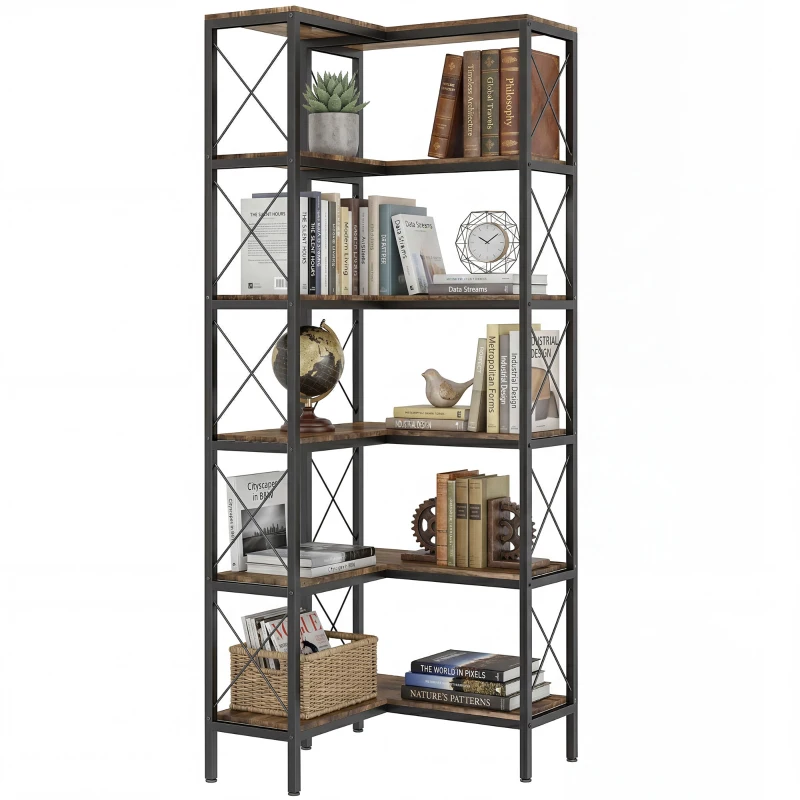 HOMCOM 5-Tier L-Shaped Bookshelf, Freestanding Bookcase with Metal Frame, Rustic Brown