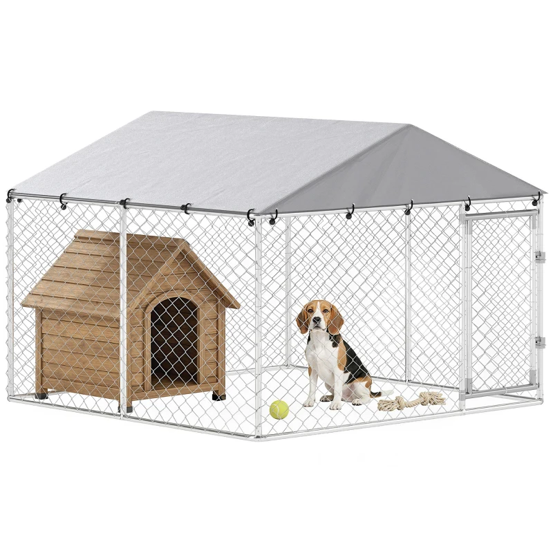 PawHut 7.5' x 7.5' x 5.6' Outdoor Dog Kennel Heavy Duty Galvanized Steel Chain Link with UV-resistant Roof, Silver