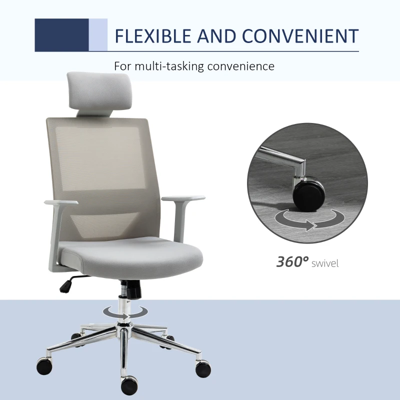 Vinsetto High Back Office Chair Swivel Task Chair with Lumbar Back Support, Breathable Mesh, and Adjustable Height, Headrest, Grey
