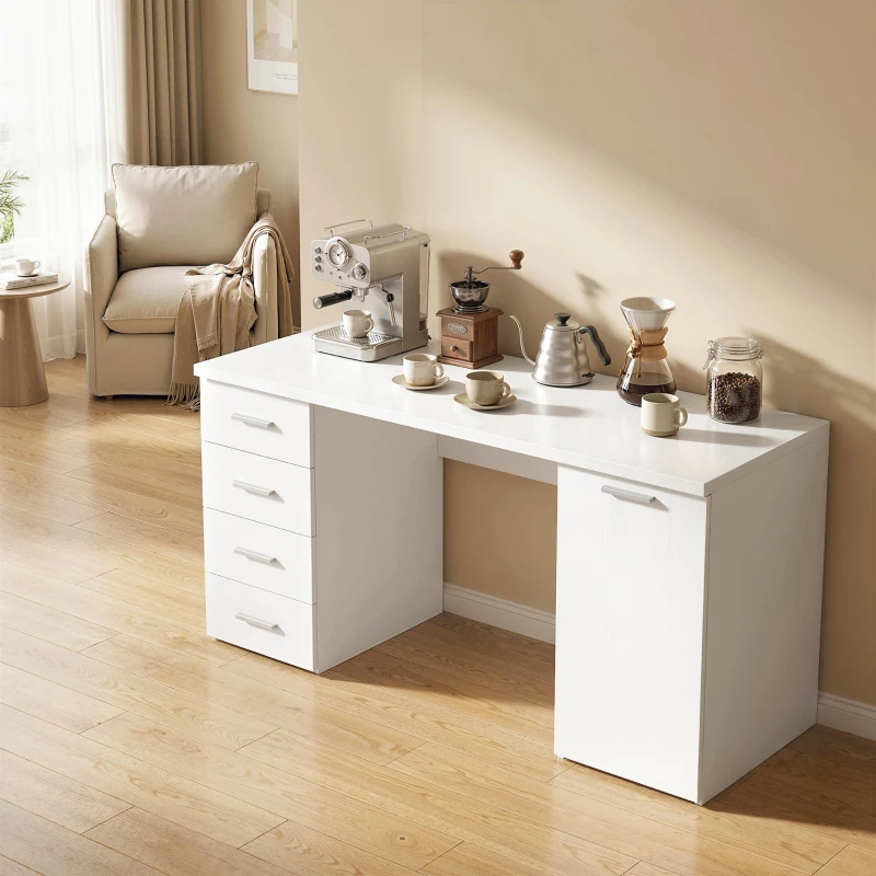 HOMCOM 140 cm Computer Desk with Adjustable Shelf Home Office Desk with Drawers and Cabinet White Wood Grain